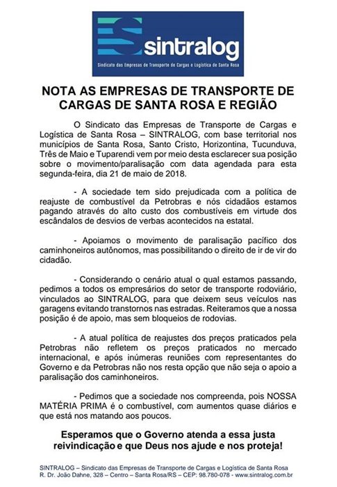 Nota pública as Empresas de Transporte de Cargas - Ref. Greve