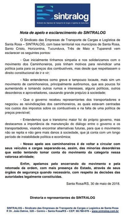 Nota pública de apelo e esclarecimento do SINTRALOG - Referente ao término das manifestações