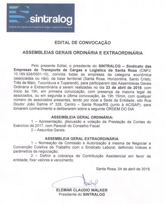 SINTRALOG convoca para Assembleias